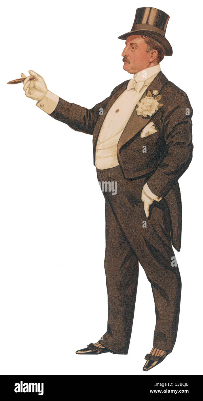 Le cigare monsieur dans une queue noire-coat &AMP ; pantalon, gilet blanc, bowtie &amp, gants, chapeau haut &AMP ; pompes en cuir. Un grand gardenia orne sa boutonnière. Date : vers 1900 Banque D'Images