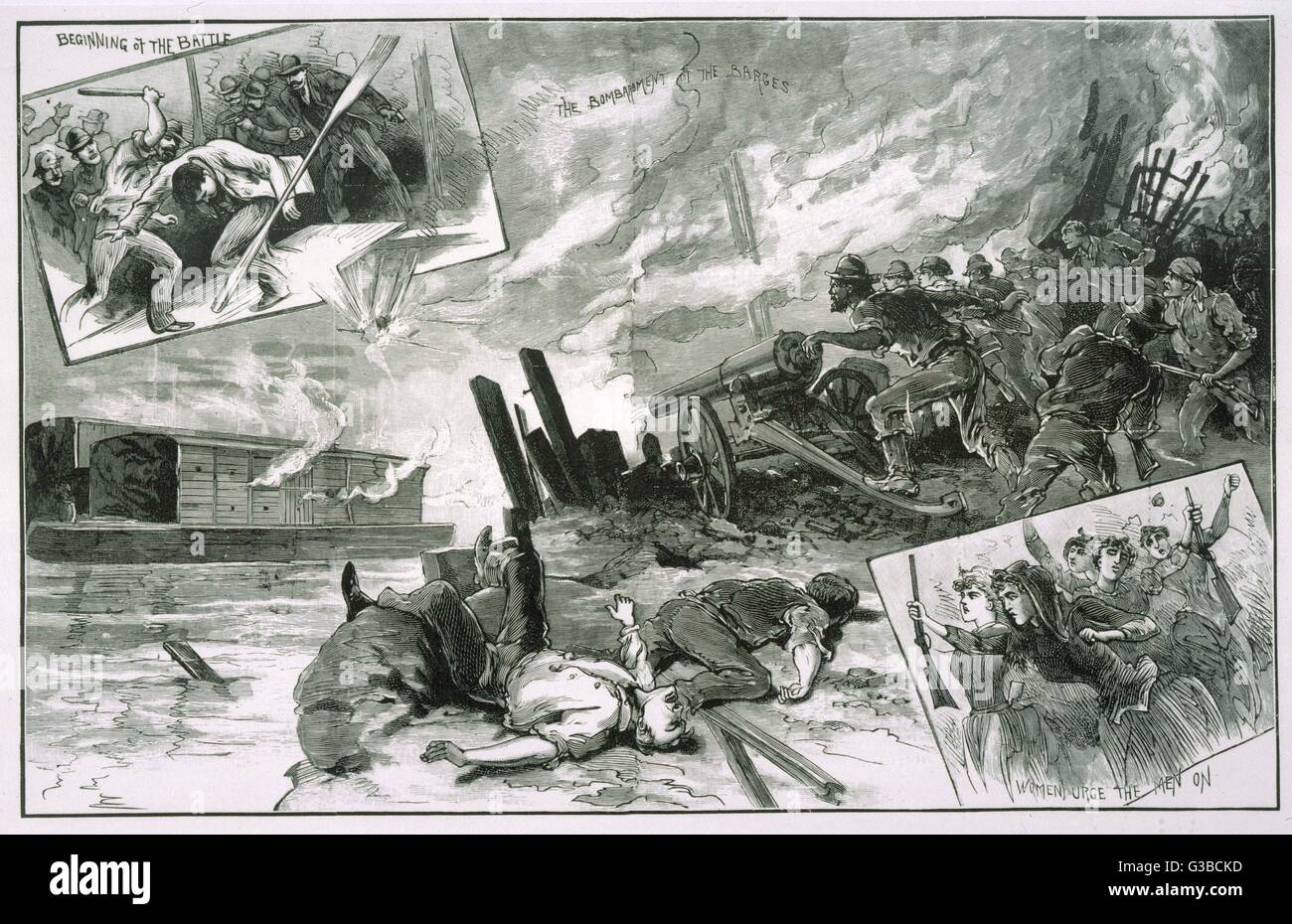 Grève des travailleurs de l'ACIER HOMESTEAD la Carnegie Steel Company mills à Homestead, Florida, dans la bataille contre l'armée des hommes de Pinkerton engagés pour protéger l'usine Date : 1892 Banque D'Images