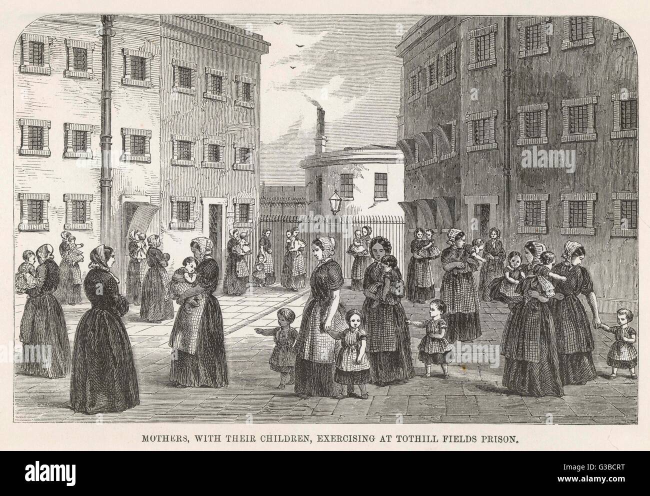 Également appelé Prison Bridewell Tothill Fields telle qu'elle était dans une zone de Westminster du même nom. Il a abrité les femmes et les garçons de moins de 17 ans. Les mères et les enfants lors de l'exercice. Date : 1862 Banque D'Images