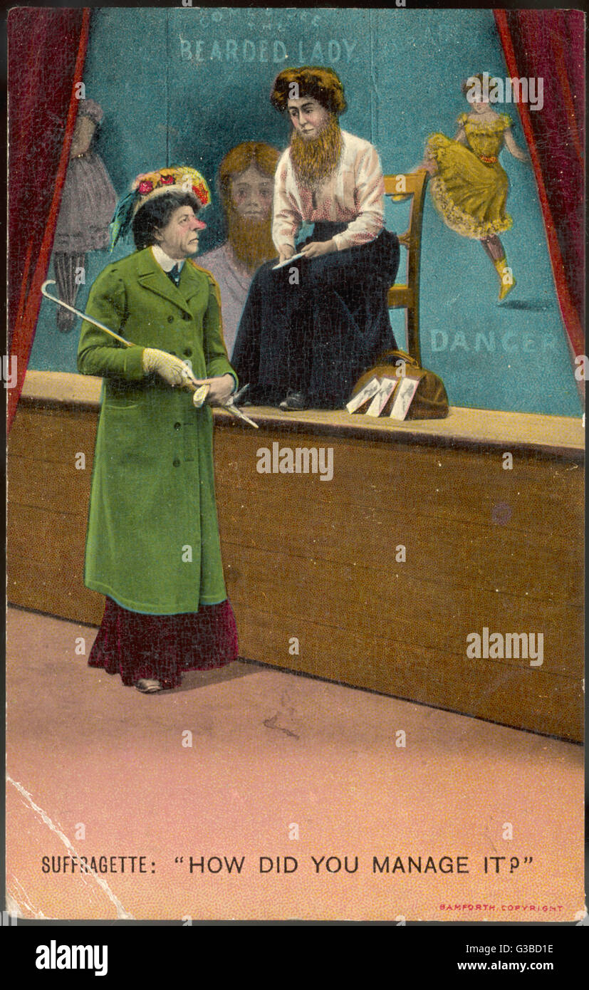 La Femme à Barbe de suffragettes dans un champ de foire : Comment avez-vous gérer cela ? Date : vers 1908 Banque D'Images