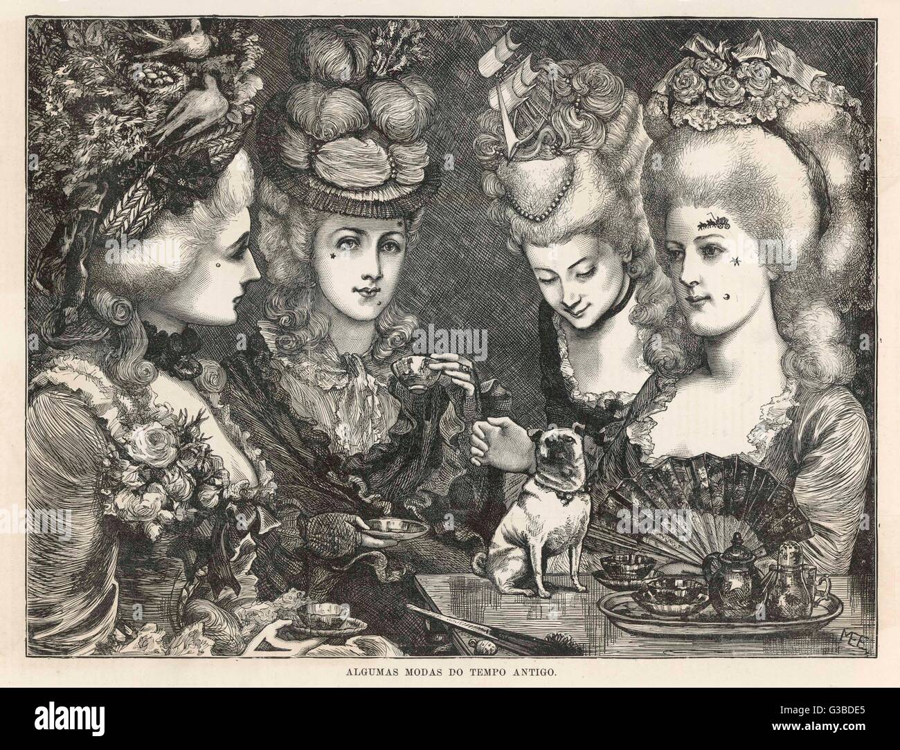 Quatre dames élégantes avec les grains de beauté et des taches sur leurs visages. Date : 18e siècle Banque D'Images