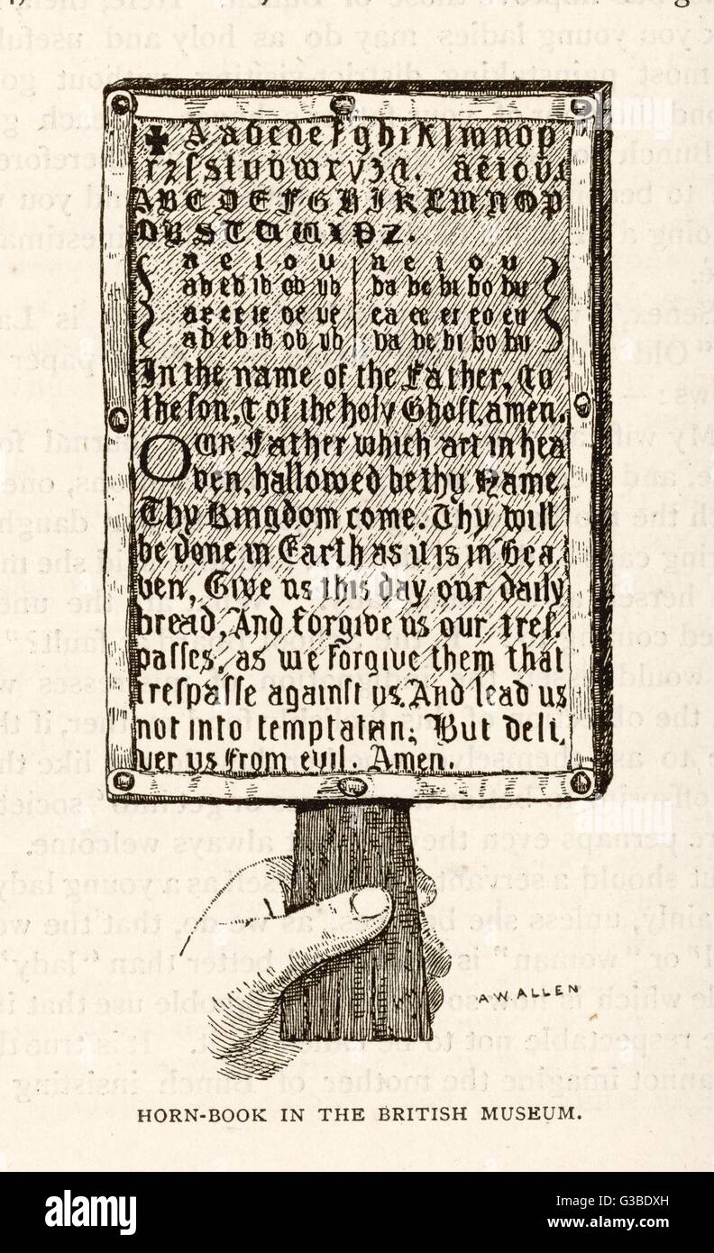 Une 'corne-livre' - un appareil portable qui a été utilisé pour enseigner la lecture dans les écoles. Date : 1750 Banque D'Images