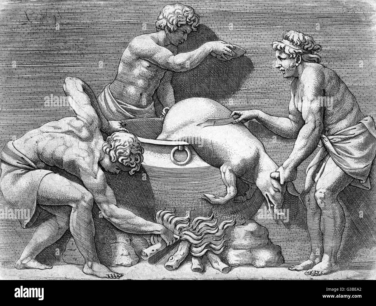 Les Romains l'abattage d'un cochon dans une grande casserole sur le feu. Date : ancien Banque D'Images