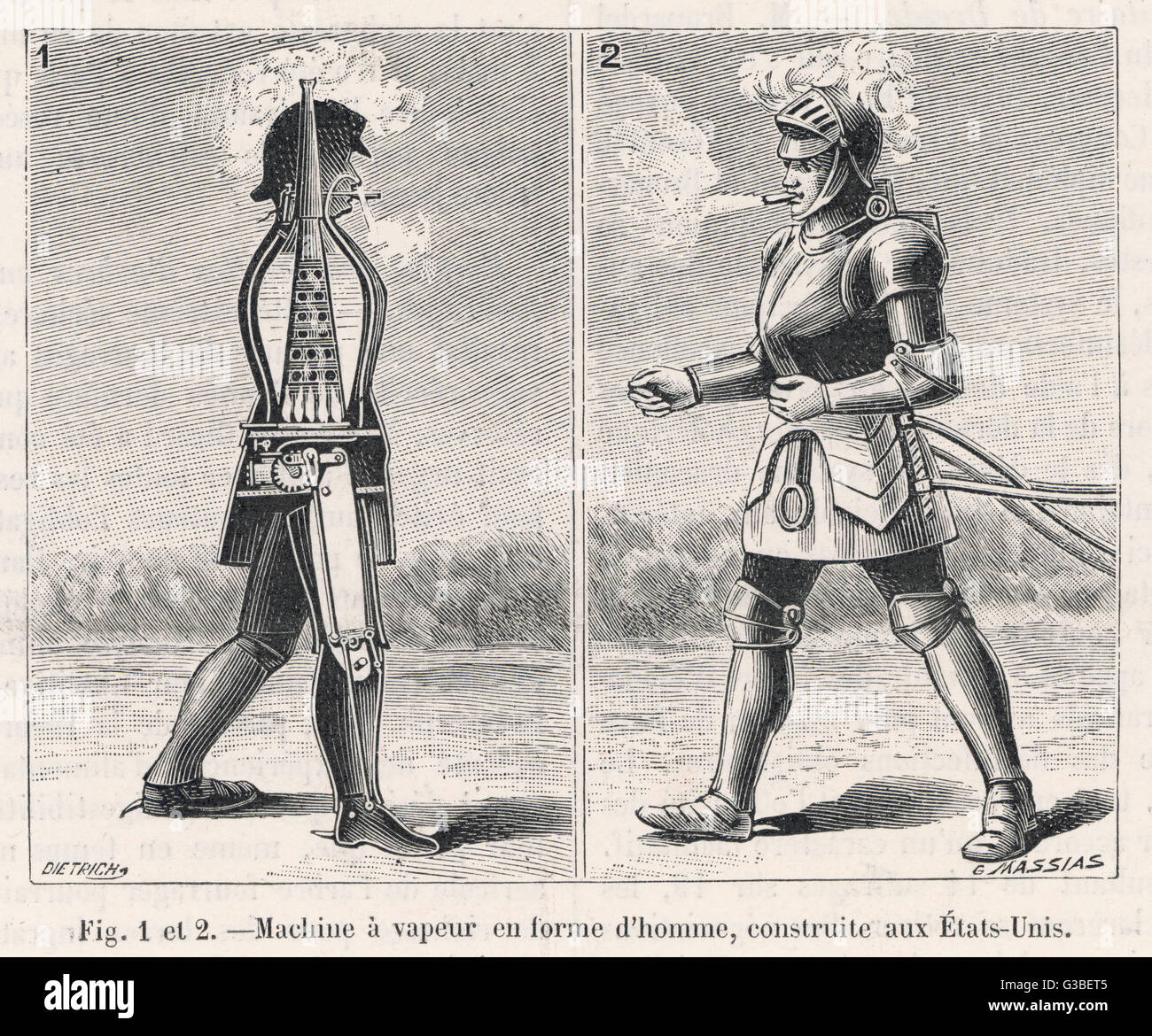 Deux illustrations d'inventeur George Moore l'équipe 'homme',un automate robot mobile entièrement alimenté par un moteur à vapeur. Date : 1893 Banque D'Images