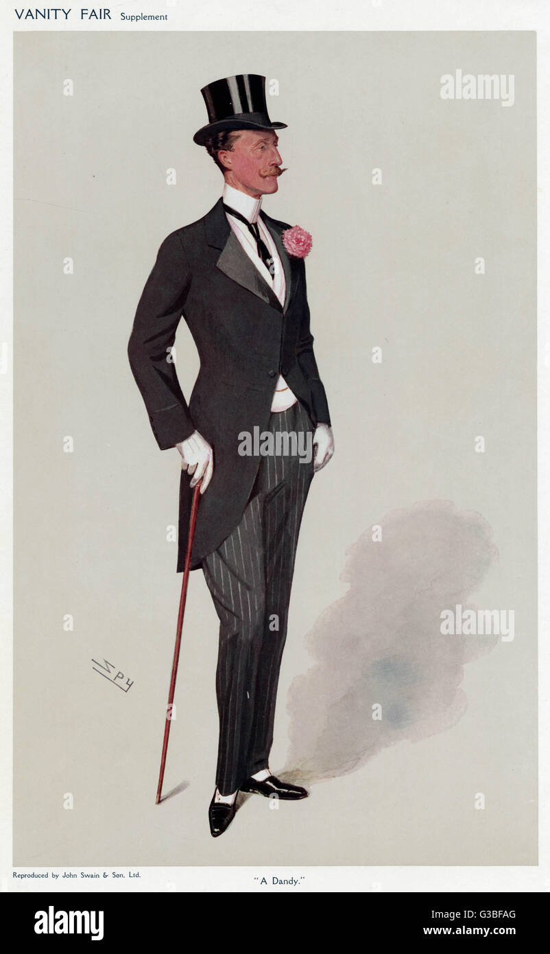 Lord Chesterfield élégamment vêtue en matin manteau, pantalon rayé gris,  chaussures de ville, chemise avec tous les haut-col rond, cravate noire,  top hat, pink carnation &AMP ; gants blancs Date : 1909