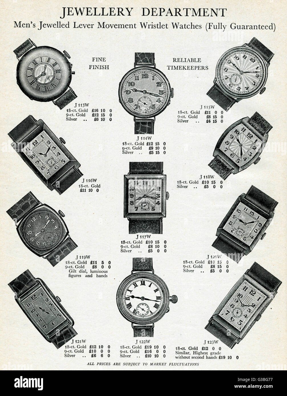 Montres-bracelets à levier pour hommes 1929 Banque D'Images