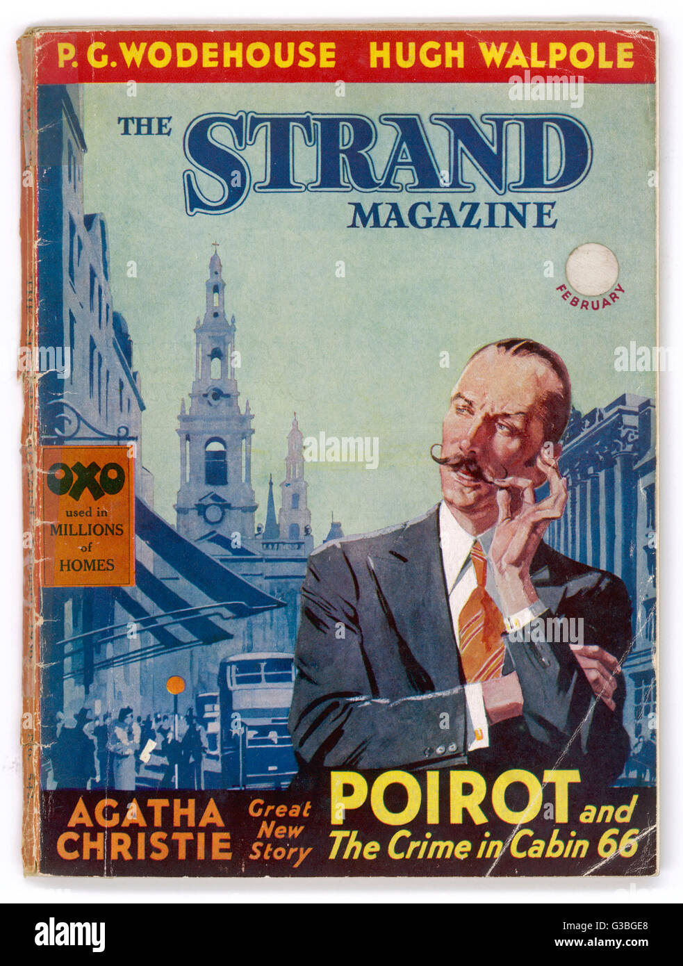 Le détective belge Hercule Poirot, sur la couverture du Strand magazine contenant l'histoire de Christie Le crime en cabine 66 Date : 1936 Banque D'Images