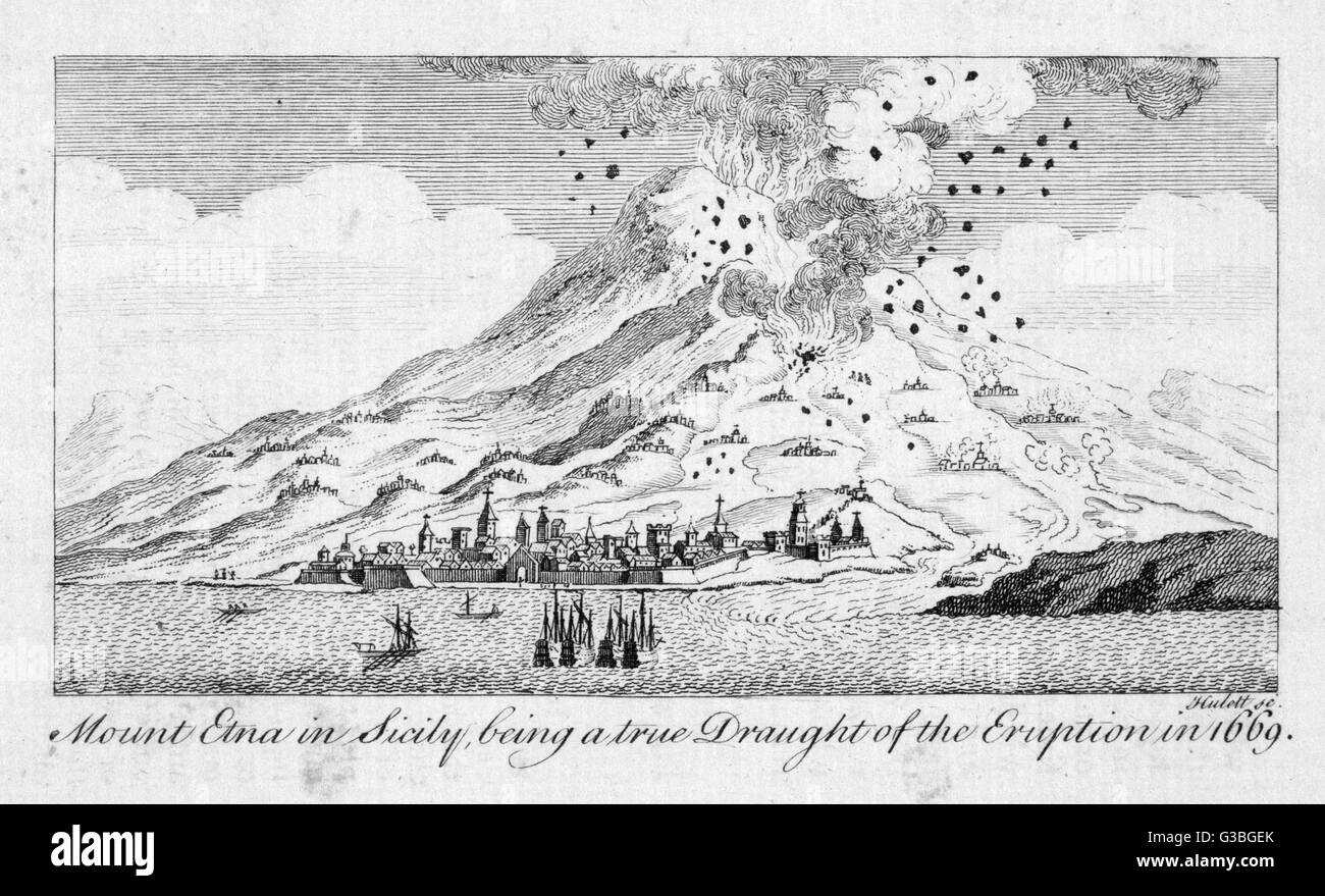 Une gravure de l'éruption de 1669, qui montre clairement les villages sur les pentes de la montagne, menacés par la coulée de lave. Date : 1669 Banque D'Images