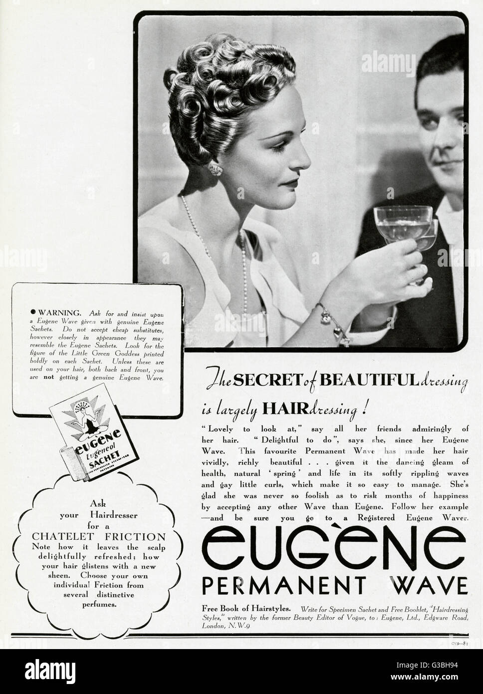 Publicité pour Eugene permanence cheveux 1938 Banque D'Images