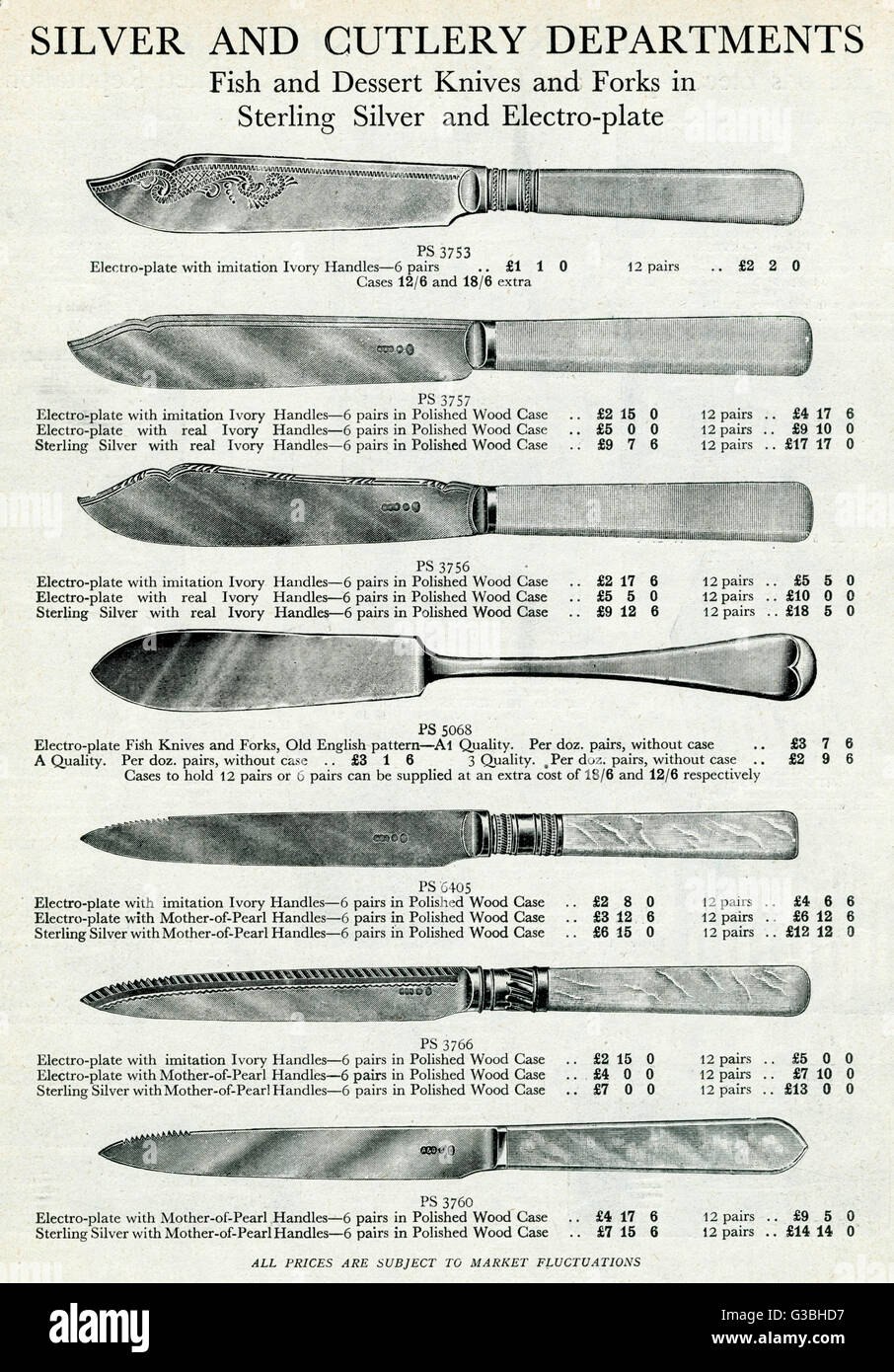 Sélection de couteaux électroplaques en argent sterling 1929 Banque D'Images