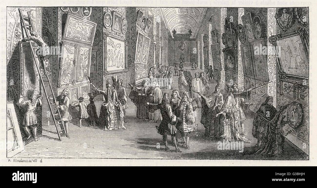 La première exposition de peinture au Louvre. Date : 1699 Banque D'Images