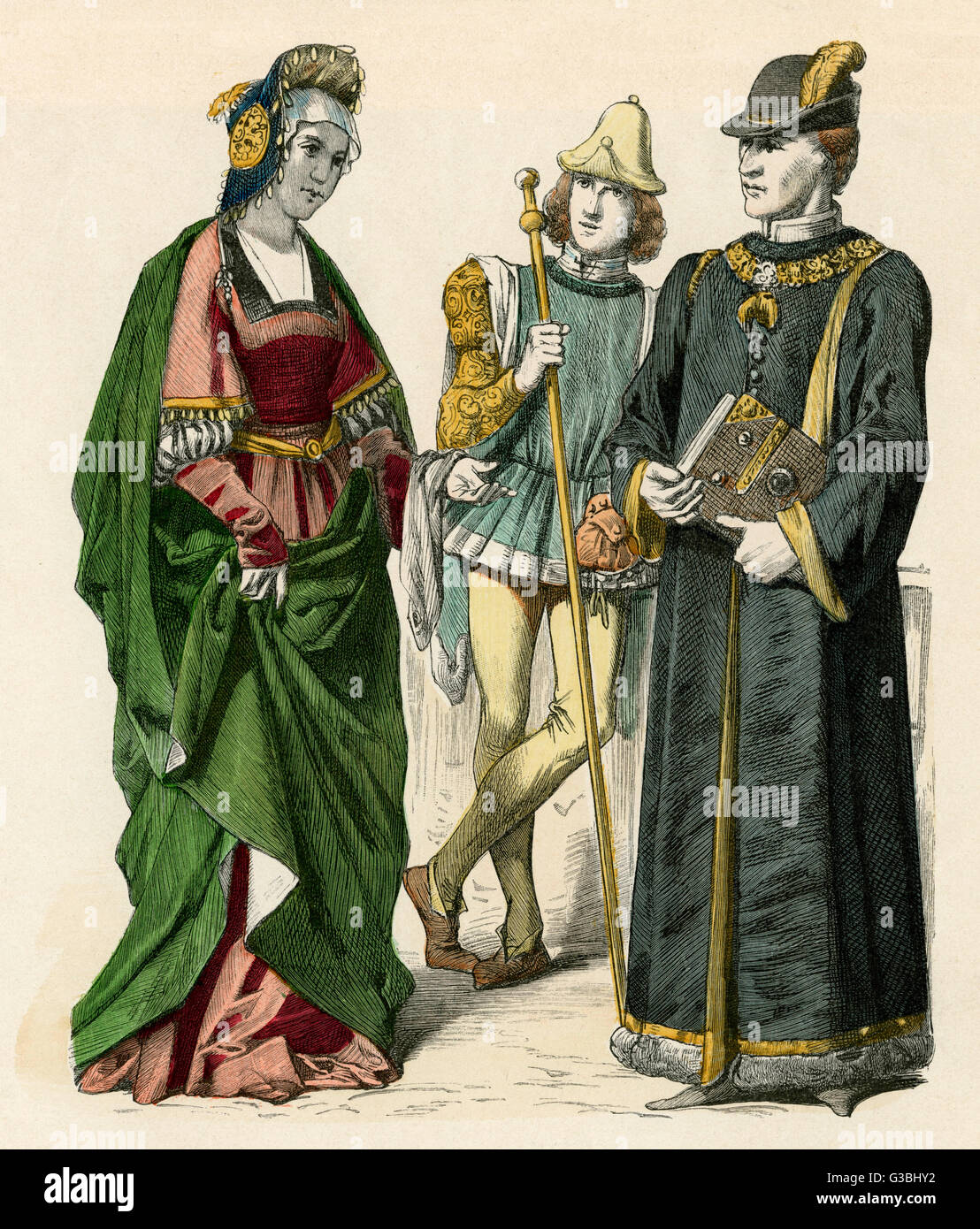 Femme : manteau, robe à encolure carrée, un chapeau avec un bord de la disquette. Hommes : chapeau avec une couronne ronde &AMP ; le bord tourné jusqu'à l'arrière, une blouse, doublet &AMP ; veste avec manches suspendus. Date : 1477 - 1480 Banque D'Images