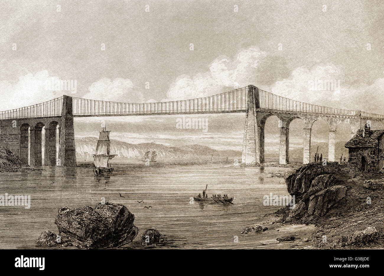 Le Pont Suspendu de Menai, Pays de Galles, Angleterre, 19e siècle Banque D'Images