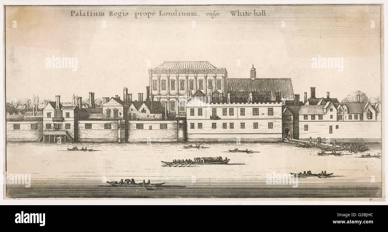 Whitehall de la Tamise montrant peut-être le point de vue entre White Hall Palace Escaliers &AMP ; escalier privé avec Inigo Jones de banquets de chambre à l'arrière-plan. Date : 1647 Banque D'Images