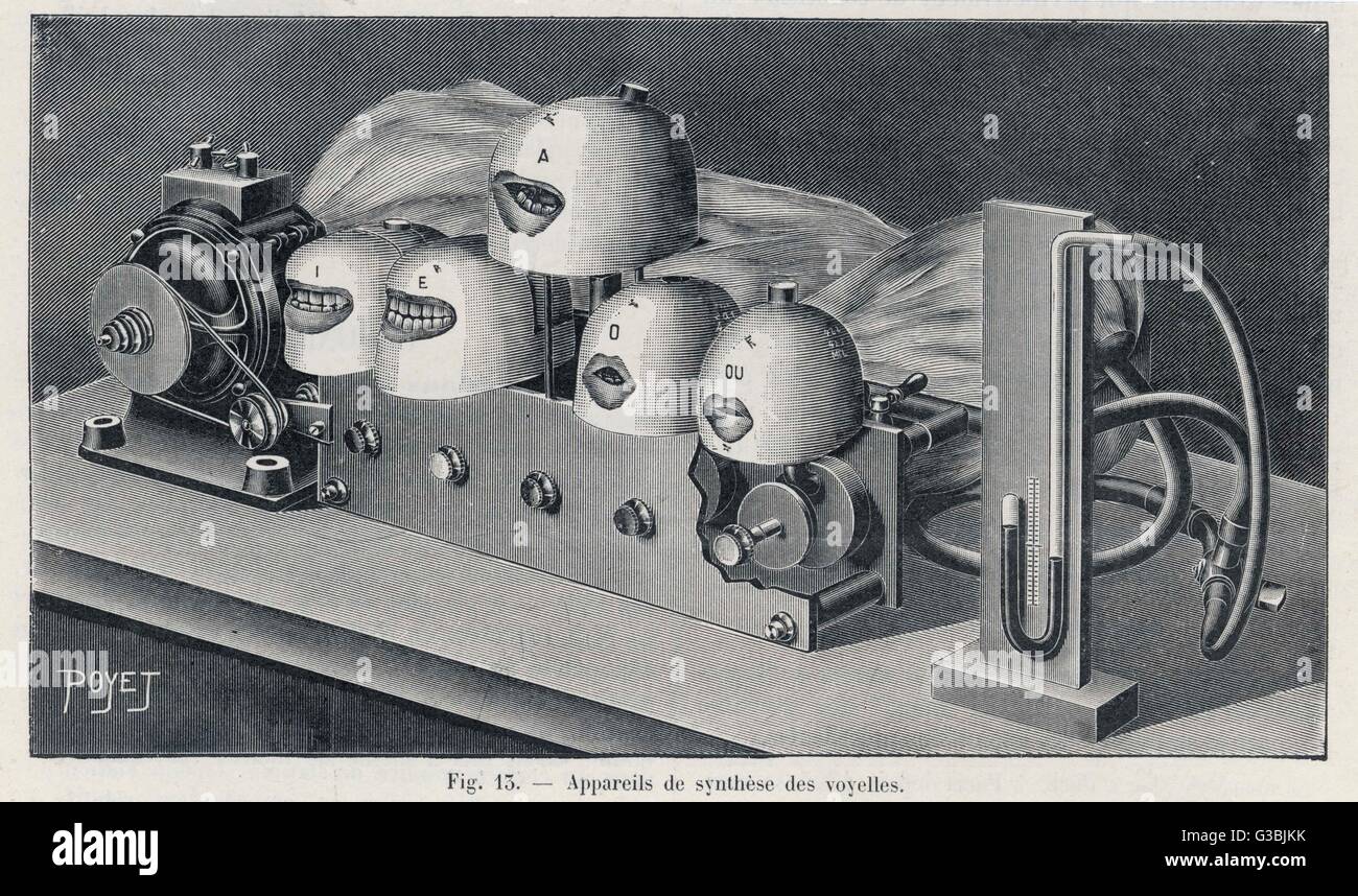 La machine d'Marage pour simuler les sons et la bouche formes créées en disant les cinq voyelles Date : 1900 Banque D'Images