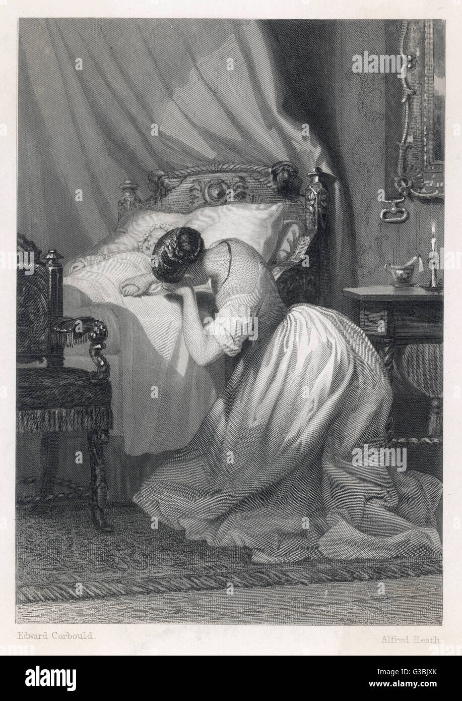 Une mère pleure sur son enfant mort. Date : 1840 Banque D'Images