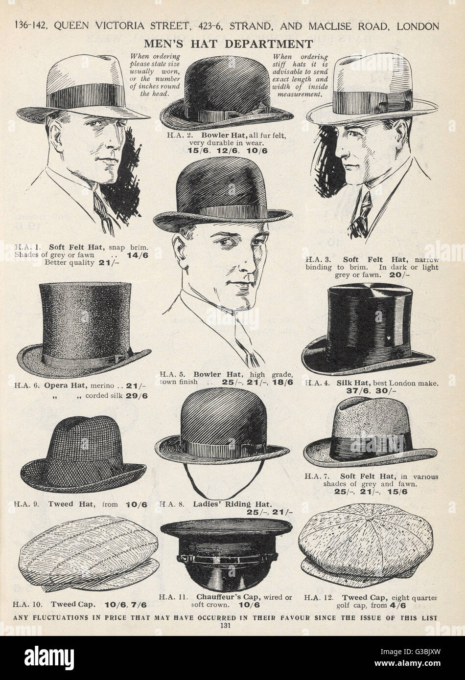 Une sélection de chapeaux pour hommes, y compris un chapeau melon, un  Tweed, un chapeau de feutre mou, un chapeau de soie, un opéra, un chapeau,  une casquette de chauffeur Ladies' équitation