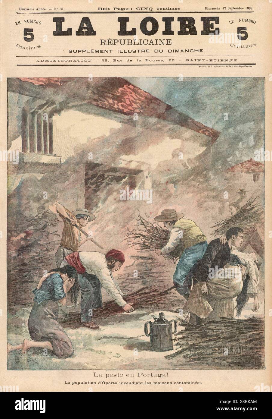 Lorsque le Portugal est frappé par une épidémie de peste bubonique, la population brûler maisons infectées dans l'espoir de détruire la source de la difficulté. Date : septembre 1899 Banque D'Images