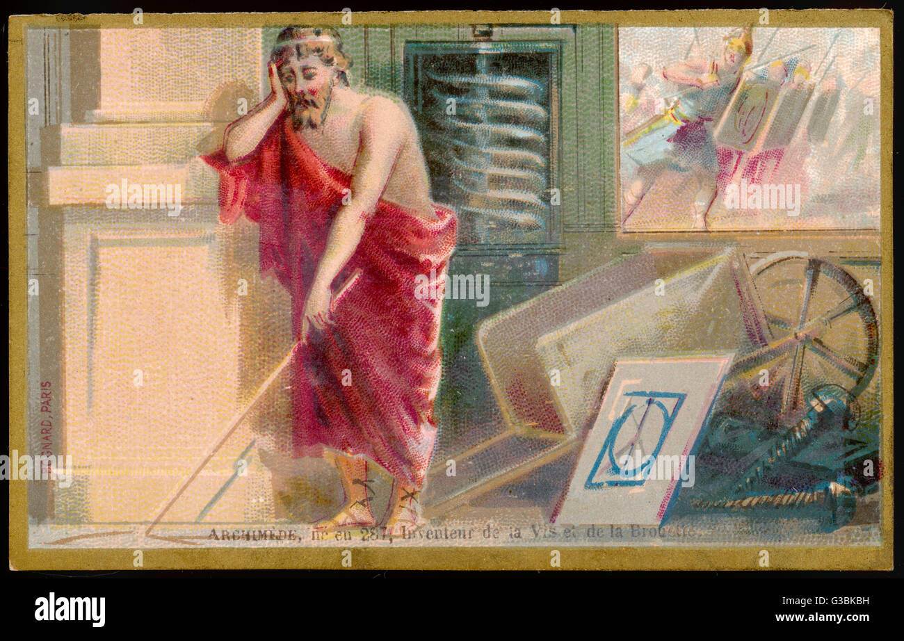 Mathématicien grec Archimède et inventeur, représenté avec certaines de ses inventions dont la "vis d'Archimède" pour élever l'eau. Date : vers 287-212 av. Banque D'Images