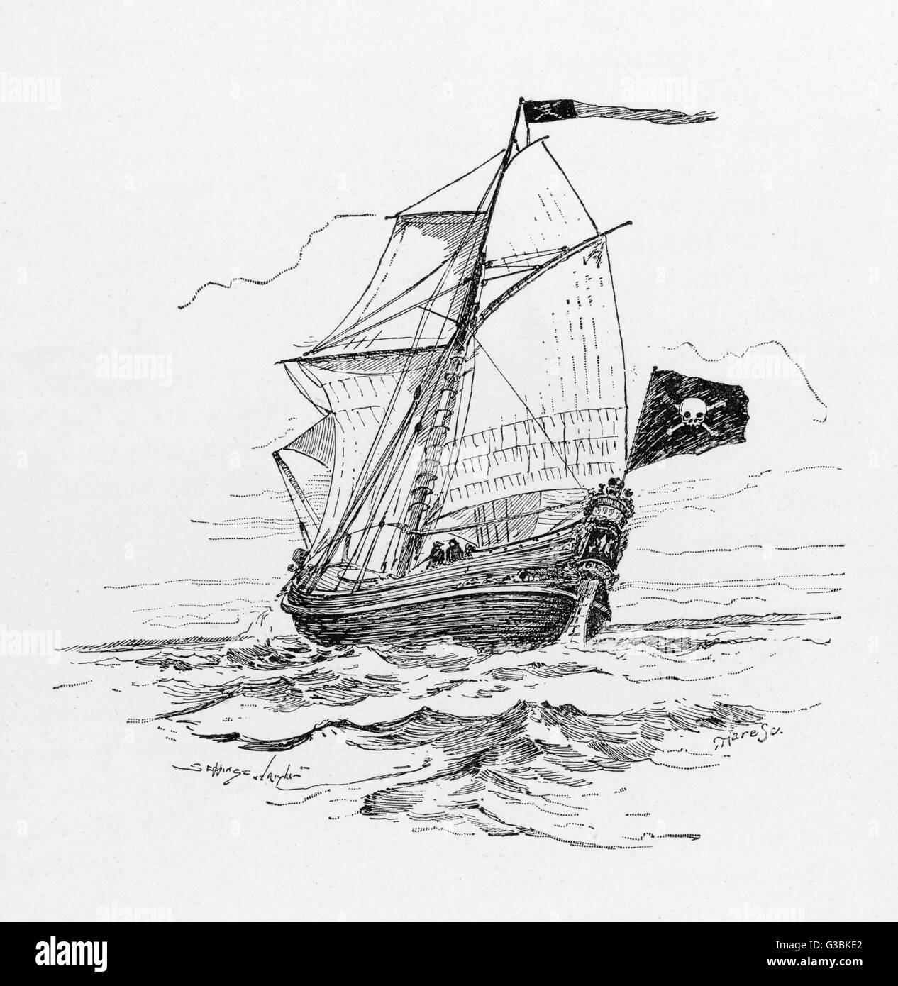 Un bateau de pirate battant drapeau Jolly roger Date : vers 18e siècle Banque D'Images