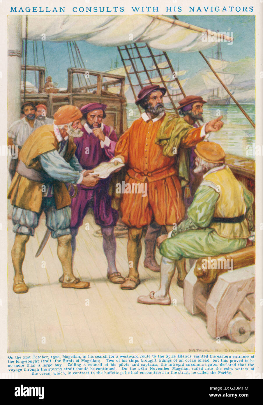 FERDINAND MAGELLAN consulte ses navigateurs que de tenter de passer à travers ce que nous savons maintenant que le détroit de Magellan, le 21 octobre 1520. Date : 1480 - 1521 Banque D'Images