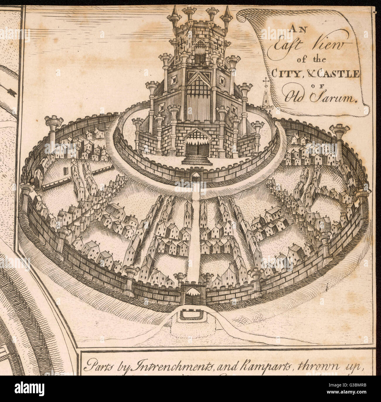 Vue de l'Est de la vieille ville et château d'Old Sarum, au-dessus de la plaine de Salisbury. Les Celtes l'a qualifié de "orviadum' qui signifie 'la forteresse par la douce river" (la rivière Avon) Date : avant l'ANNONCE 553 Banque D'Images