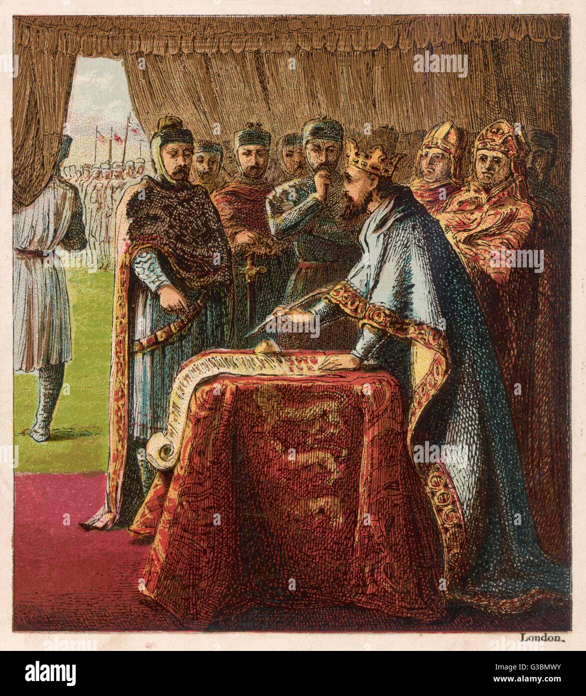 Le roi Jean, mis sous pression par les barons, signe la grande charte sur la Tamise île de Runnymede, Date : 15 Juin 1215 Banque D'Images