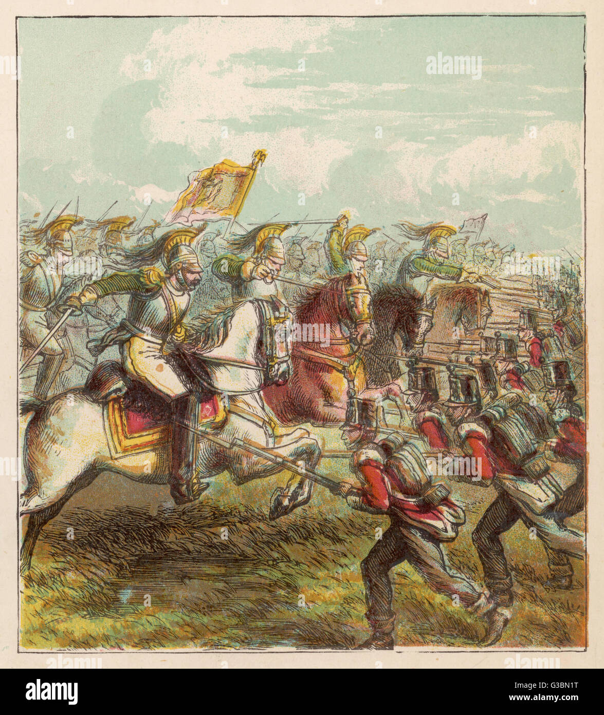 La ligne britannique détient contre la cavalerie française à la bataille de Waterloo Date : 18 Juin 1815 Banque D'Images