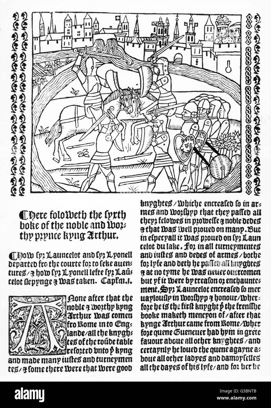 Chevaliers en combat à pied et l'observé par un roi et reine de les remparts d'une ville Date : 1498 Banque D'Images