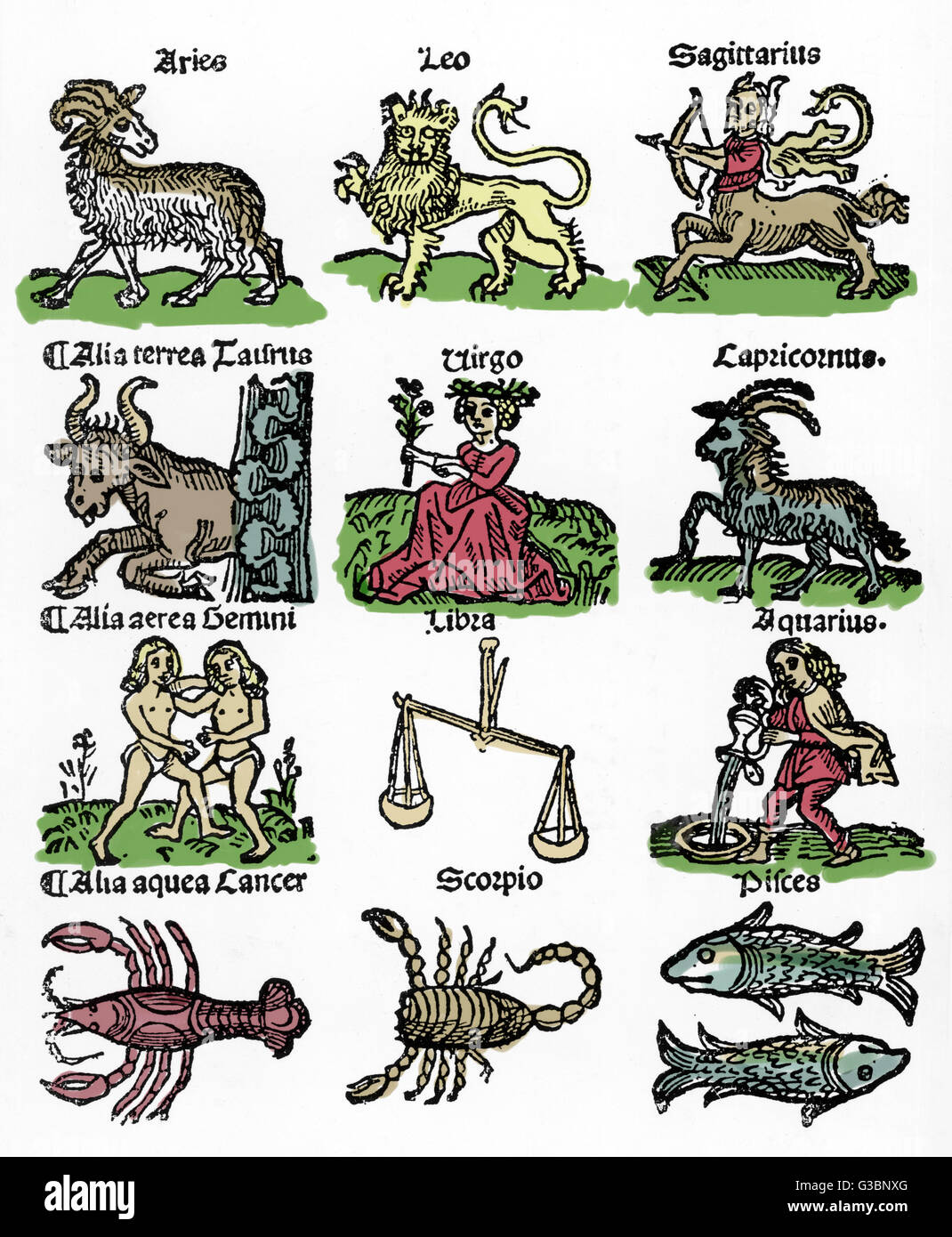 Les douze signes - une série médiévale (de couleur à la main) Date : 1489 Banque D'Images