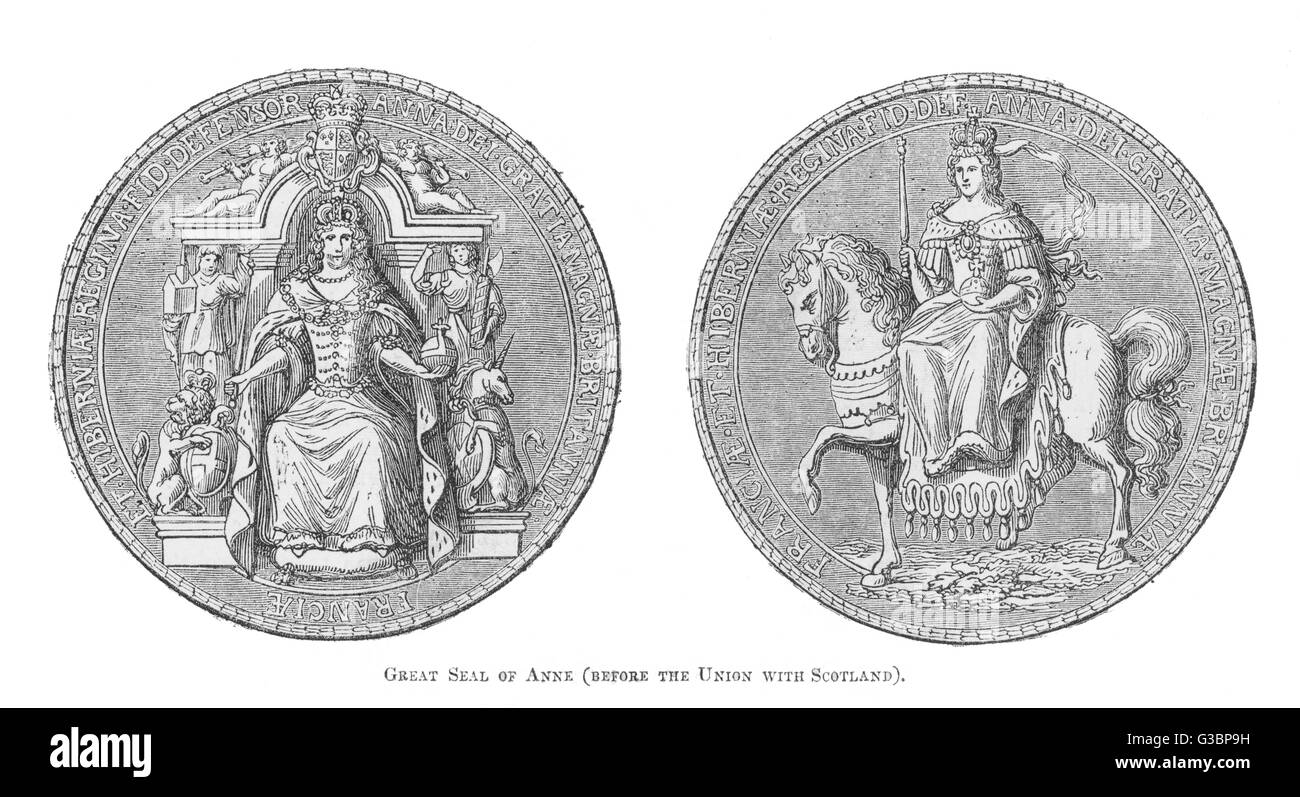 La reine Anne, le grand sceau de la Reine Anne, avant l'Union de l'Angleterre et l'Écosse en 1707. Date : 1665 - 1714 Banque D'Images