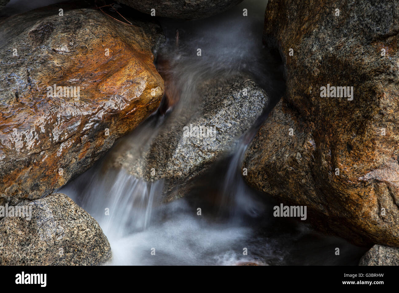 L'eau coule sur les rochers de granit ci-dessous Roaring River Falls sur la rivière Roaring dans Kings Canyon National Park. Banque D'Images