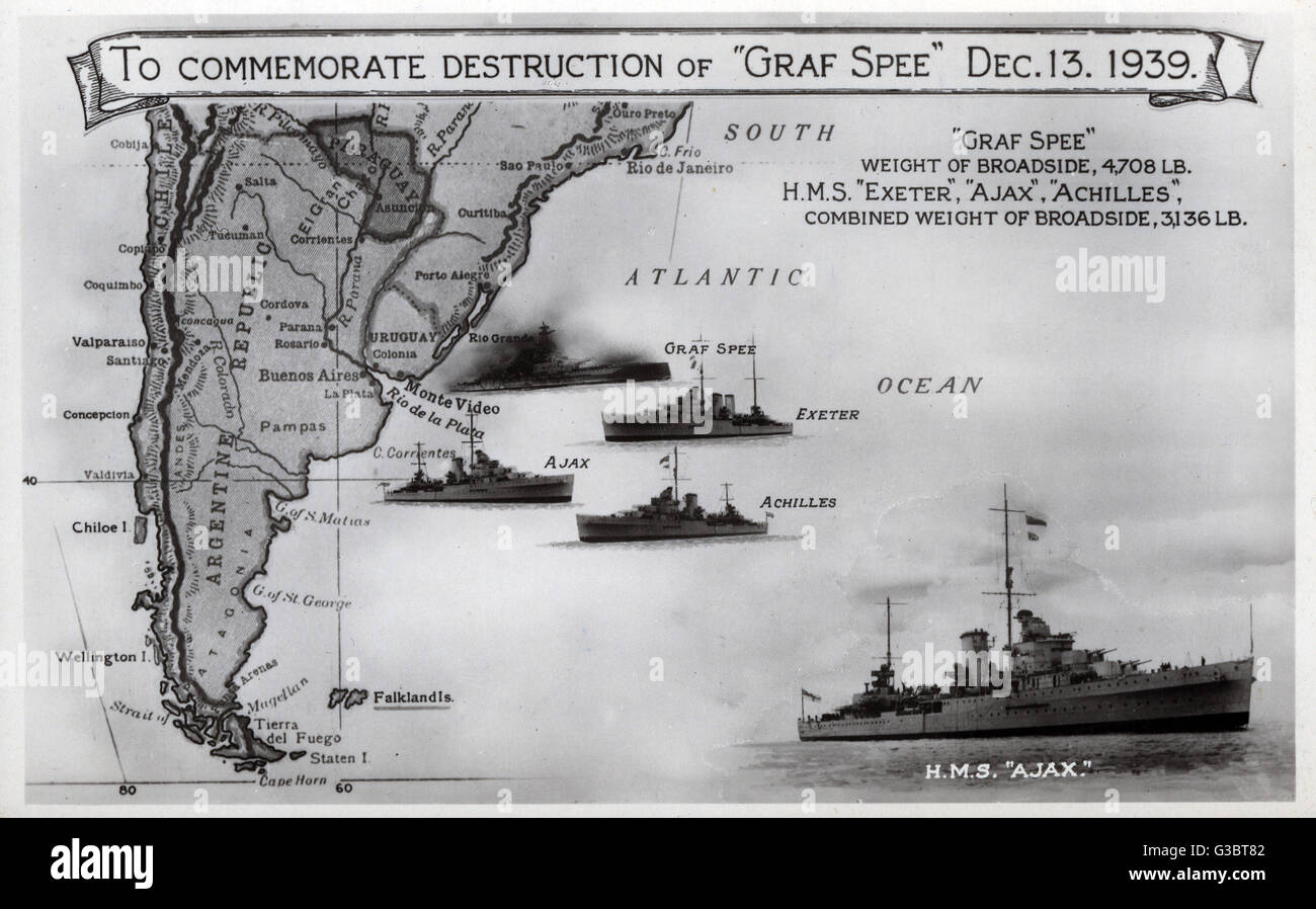 Carte commémorant la destruction de Graf Spee, WW2 Banque D'Images