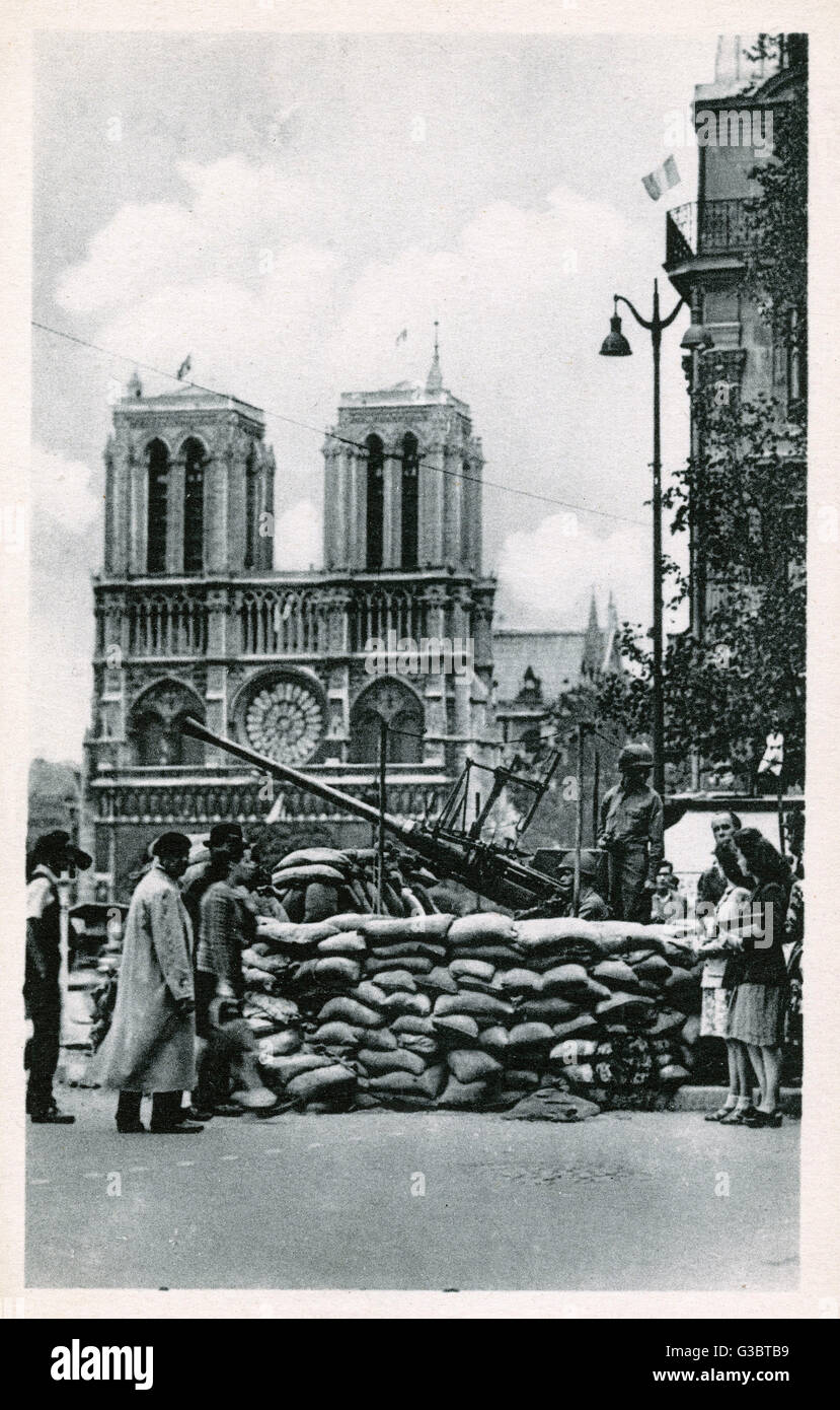 WW2 - Libération de Paris - canon anti-aérien de l'Amérique DCA - placé près de la Cathédrale Notre Dame, Paris, France. Date : 1945 Banque D'Images