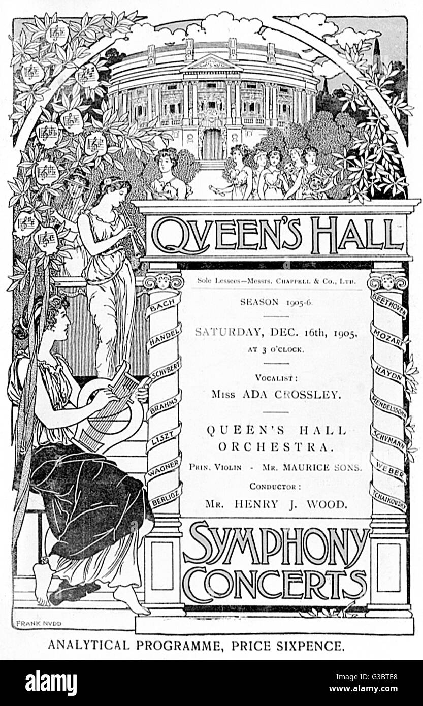 La couverture du programme, Queen's Hall Symphony Concerts, 16 décembre 1905, la chanteuse Miss Ada Crossley, Queen's Hall Orchestra dirigé par M. Maurice Fils, menée par Henry Wood. Date : 1905 Banque D'Images