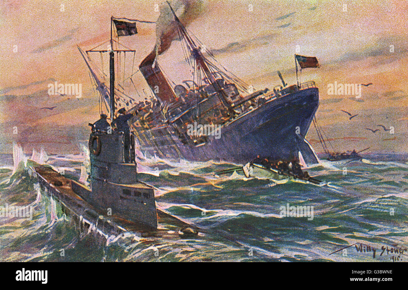 La PREMIÈRE GUERRE MONDIALE U-boat allemand attaque d'un cargo commercial anglais. Date : 1915 Banque D'Images