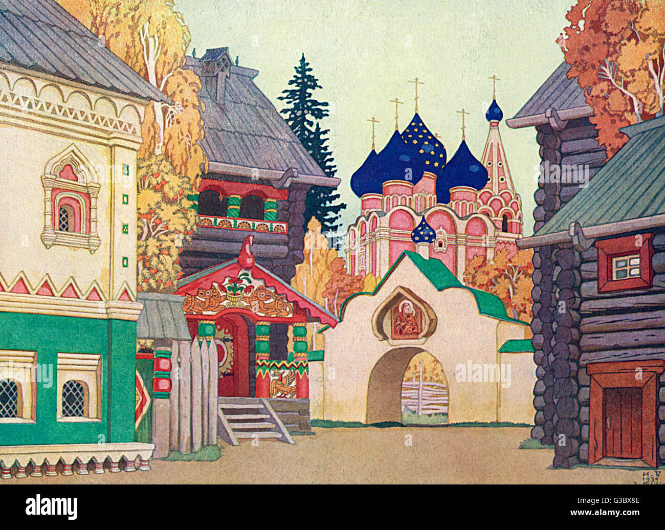 Scène de rue représentant la ville de Alexandrovskaya Sloboda (maintenant Alexandrov), mise en scène par Ivan Iakovlevitch Bilibin (1876-1942), illustrateur russe et décorateur. Date : 1930 Banque D'Images