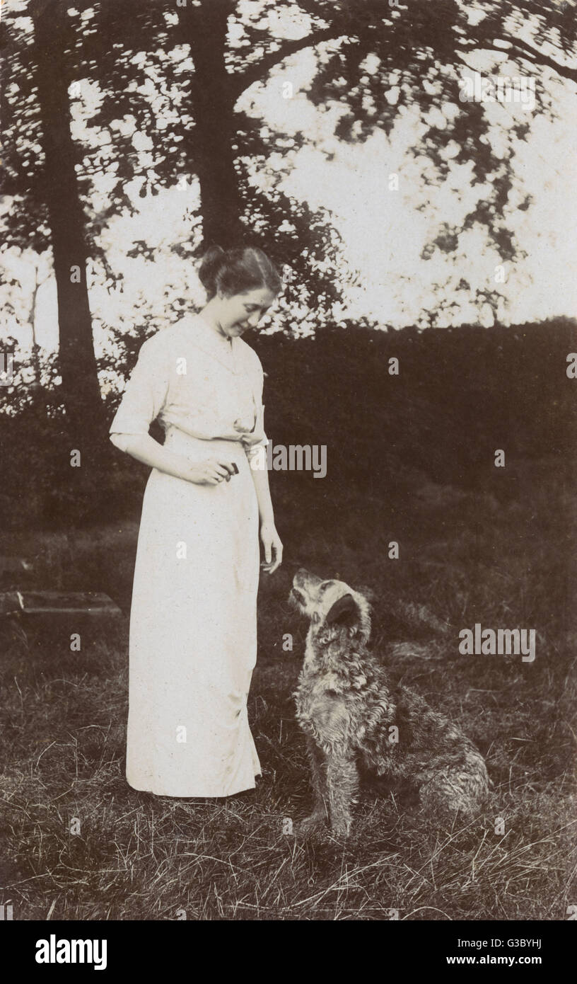 Femme enseigne des trucs à son chien Banque D'Images