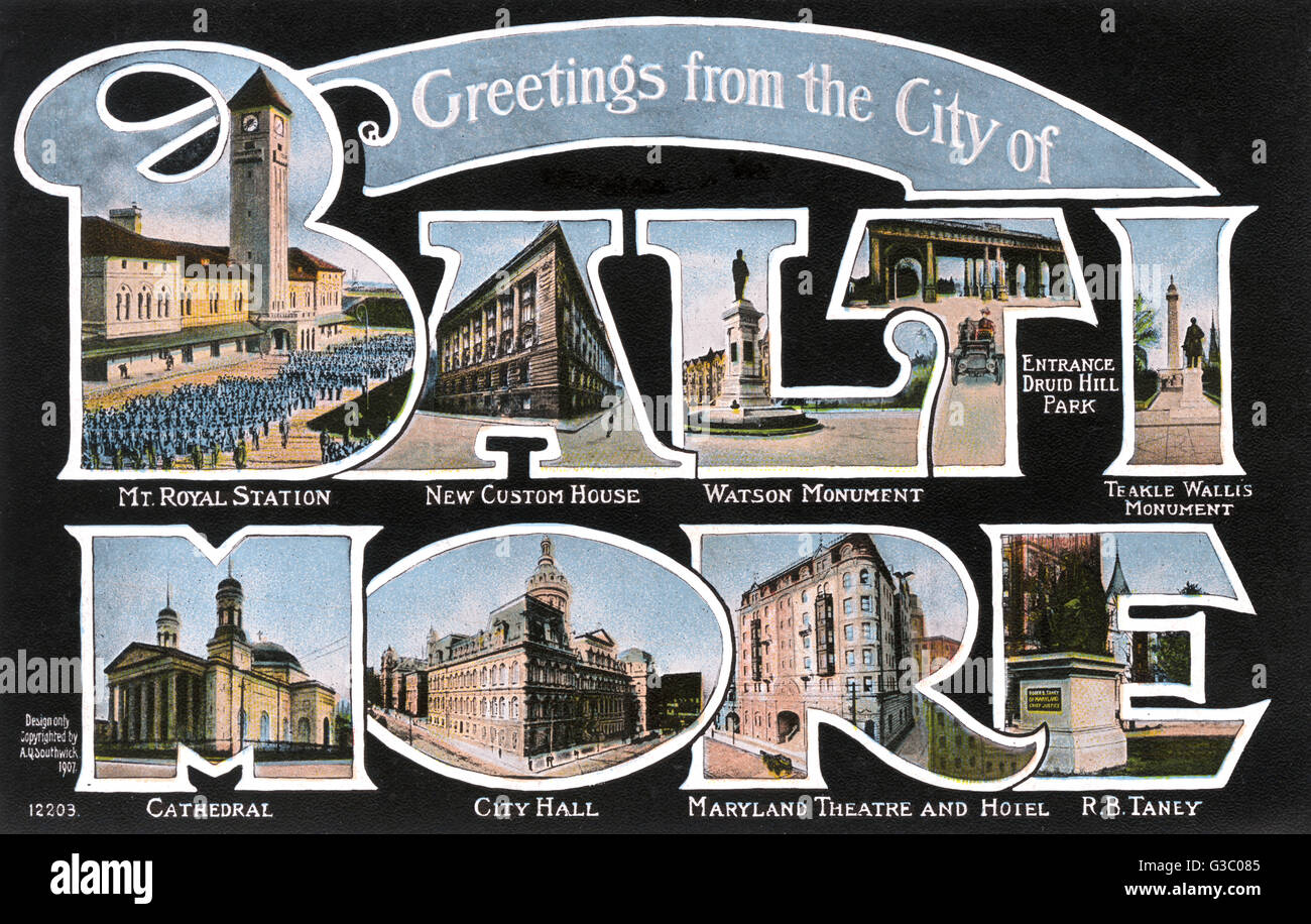 Carte de voeux de Baltimore, Maryland, USA, avec différentes scènes : Mount Royal Station, New Custom House, Monument, Watson Druid Hill Park, Teakle Wallis Monument, Cathédrale, Hôtel de Ville, Maryland Theater et Hôtel, Taney statue. Date : 1907 Banque D'Images