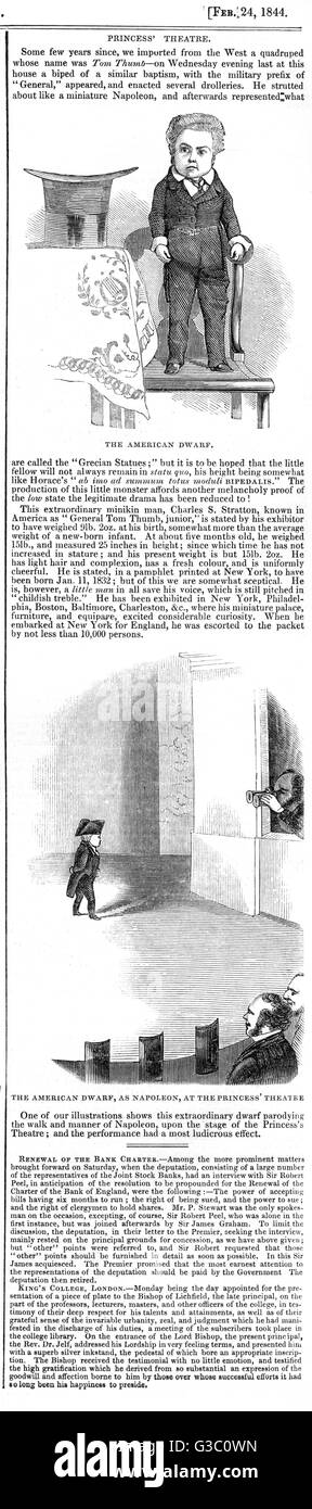 Un examen, comme présenté dans l'Illustrated London News, 1844, rapports sur la performance récente de Charles S. Stratton, l'American dwarf (également connu sous le Général Tom Pouce) au Princess's Theatre à Londres. Son portrait est représenté, ainsi que Stratton Banque D'Images