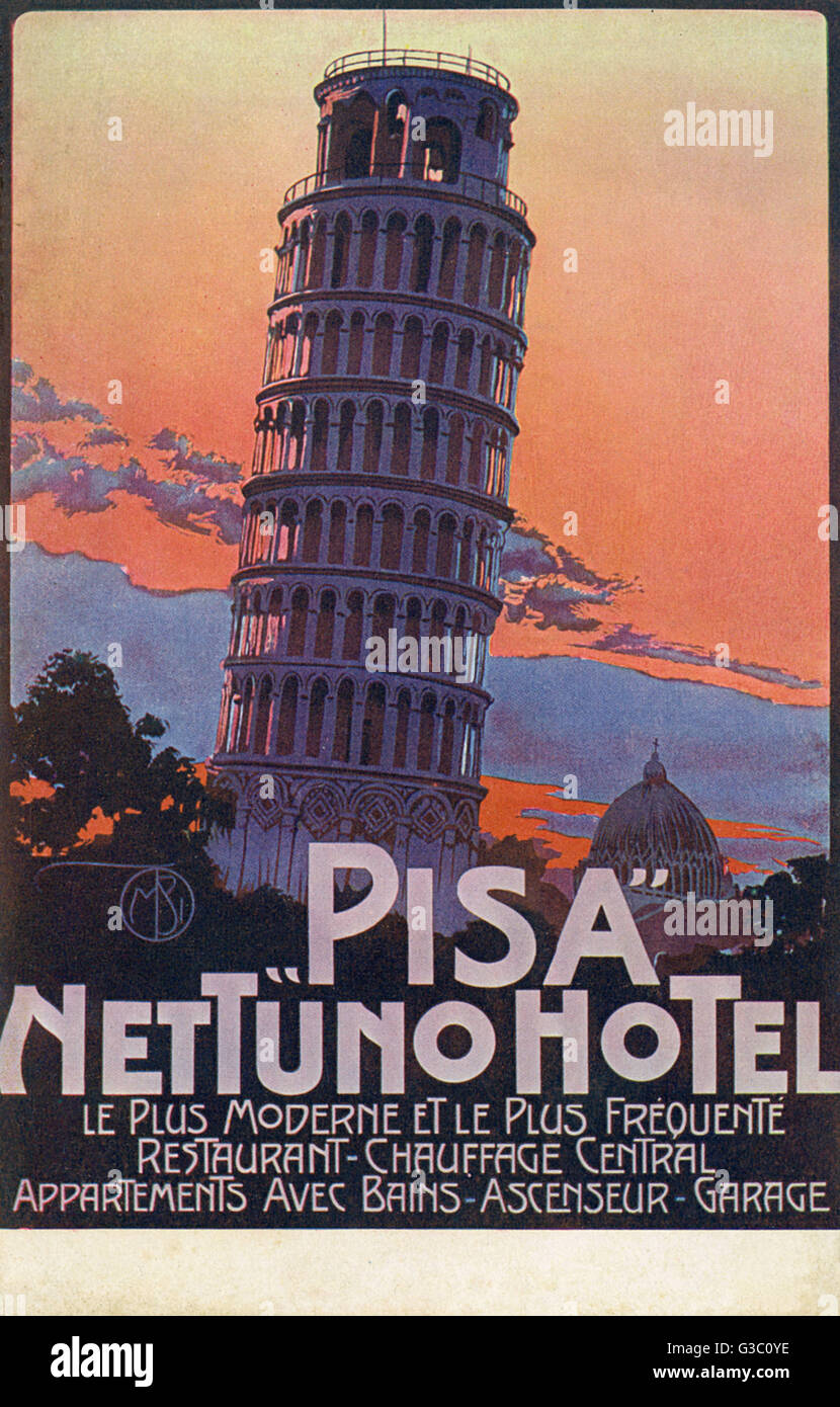 Carte Postale Publicitaire De Hotel Nettuno A Pise Italie Offrant Une Vue Sur La Tour Penchee De Pise Dans La Lumiere Du Soir Date Vers 1910 Photo Stock Alamy