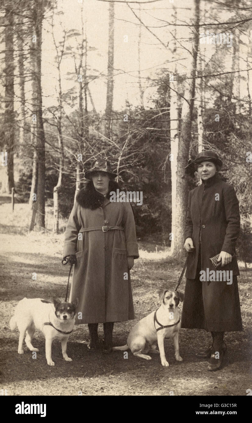 Deux femmes marchant avec des chiens Banque D'Images