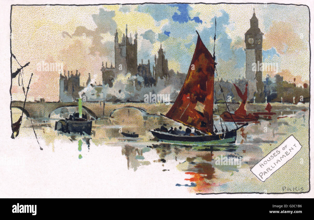 Une belle carte postale représentant le Parlement et Big Ben, Londres avec une barge fluviale et petit steamer faisant passage paisible le long de la Tamise. Date : vers 1907 Banque D'Images