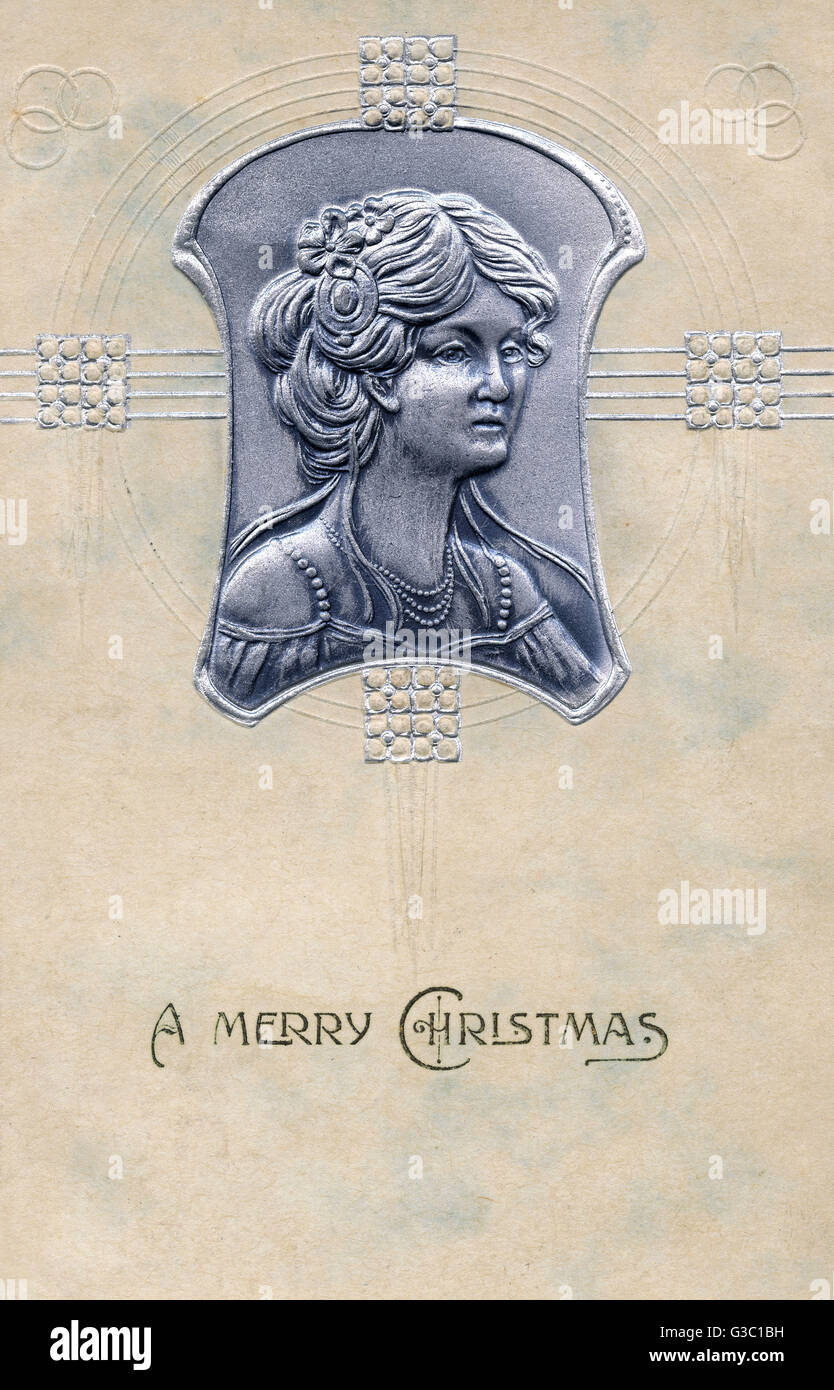 Portrait argenté en relief d'une femme - carte postale de Noël Banque D'Images