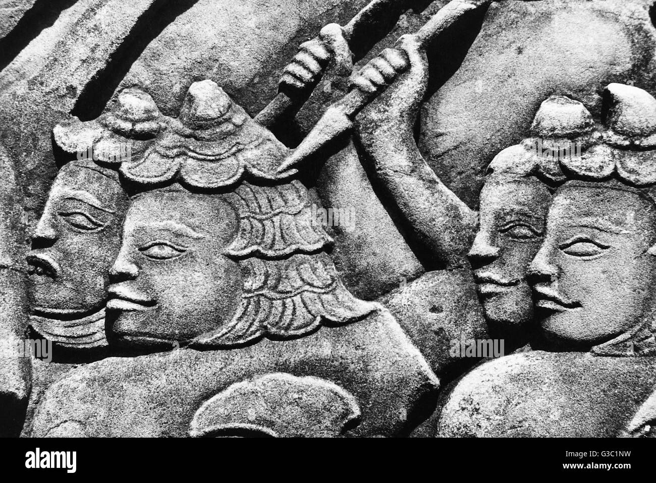 Bas relief détail, temple de Bayon, Angkor Thom, Cambodge Banque D'Images