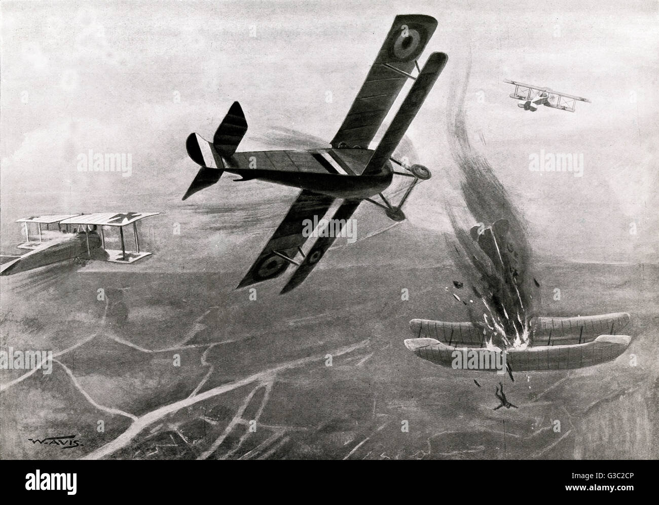WW1 - Le Capitaine George Lanoe Hawker VC, DSO (1890-1916), était un as de l'aviation britannique, avec sept victoires crédité. Cette illustration photographie l'occassion le 25 juillet 1915, où le capitaine Hawker est dans un bataille aérienne avec trois avions allemands. Ea Banque D'Images