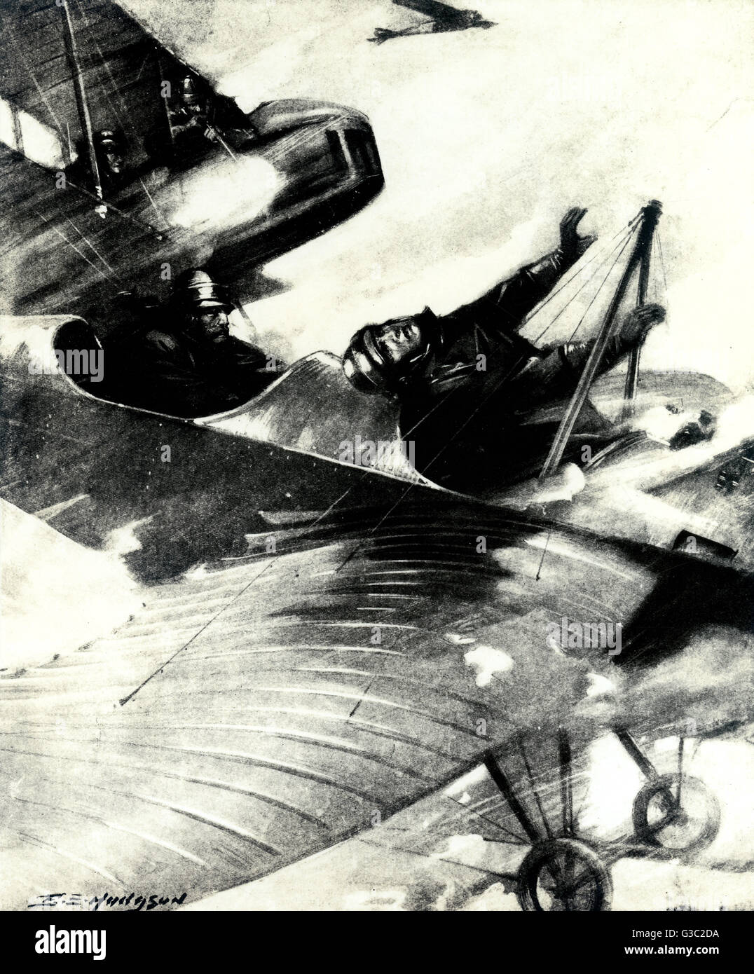 WW1 - deux biplans militaires dans un combat aérien, où Von Falkenhayn est tué par un mitrailleur vu dans l'avion ennemi à partir de ci-dessus. Un bel exemple de Von Falkenayn's derniers moments dans l'action. Date : 1915 Banque D'Images