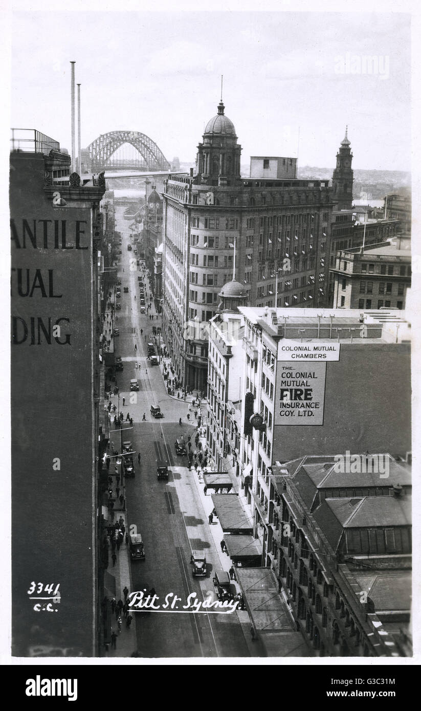 Une vue vers le bas Pitt Street, Sydney, Australie Date : vers 1930 Banque D'Images