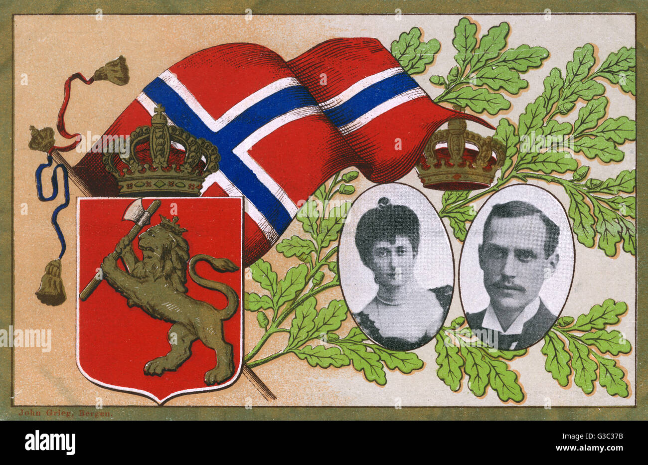 Le roi Haakon VII et la reine Maud de Norvège et drapeau Banque D'Images