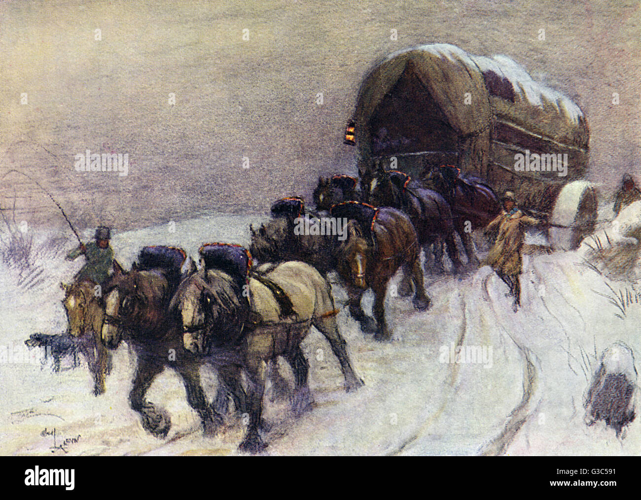 L'escargot de la route du roi -- un vieux cheval, couvert publicitaire aux prises dans la neige, dans les jours avant le chemin de fer. Il serait utilisé pour le transport des produits au marché. Date : 1932 Banque D'Images